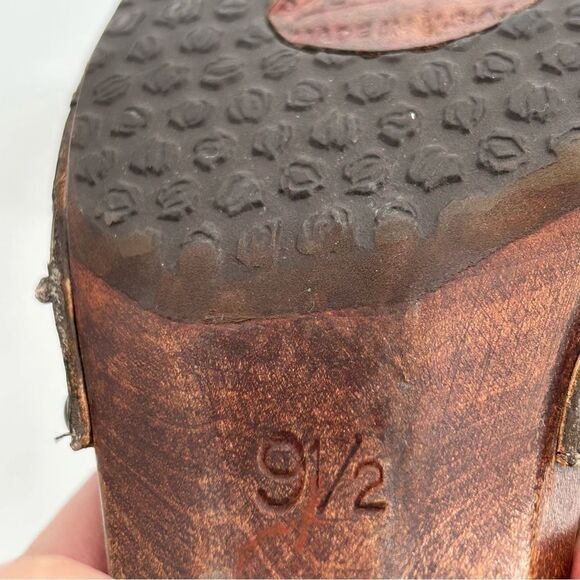 Jcon painted tan brown leather peep toe wooden wedge sole size 9.5 - Picture 12 of 12